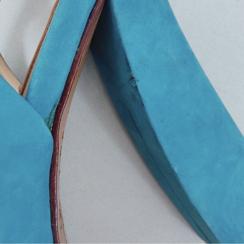 Schutz Turquoise Leather Textile Y2K Style Chunky Platform Peep Toe Heels, 7 - Picture 13 of 15